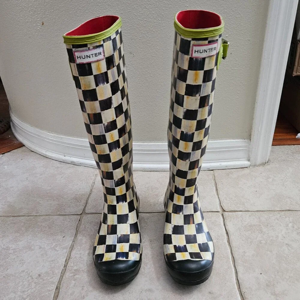 VERY RARE MACKENZIE CHILDS HUNTER COURTLY CHECK GREEN TALL RAIN BOOTS WELLIES 8